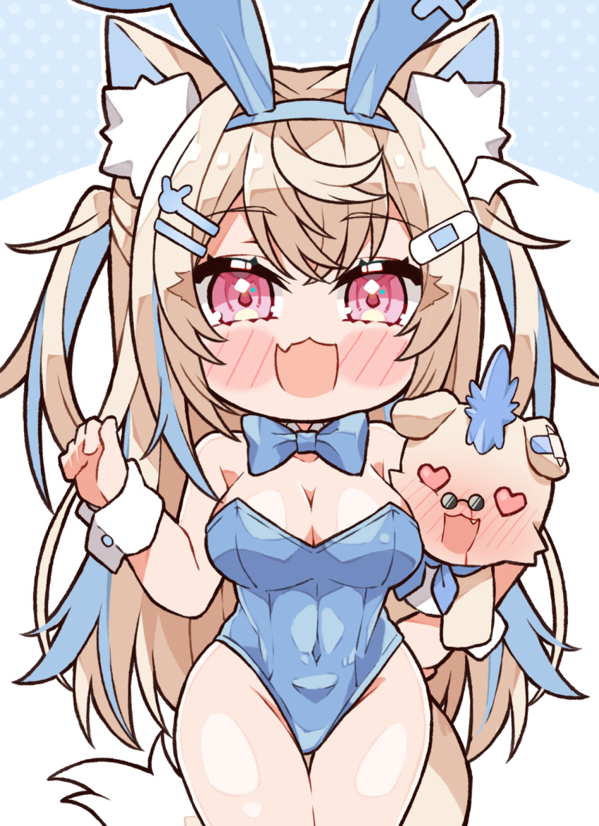 1girl :d animal_ear_fluff animal_ears bandaid bandaid_hair_ornament blonde_hair blue_bow blue_bowtie blue_hair blue_leotard blush bow bowtie breasts cleavage collar detached_collar dog_ears dog_girl dog_tail fake_animal_ears fang fuwawa_abyssgard hair_ornament hairpin highres hololive hololive_english kukie-nyan large_breasts leotard long_hair looking_at_viewer multicolored_hair open_mouth pink_eyes playboy_bunny rabbit_ears ruffian_(fuwamoco) sidelocks skin_fang smile solo strapless strapless_leotard streaked_hair tail two_side_up white_collar white_wrist_cuffs