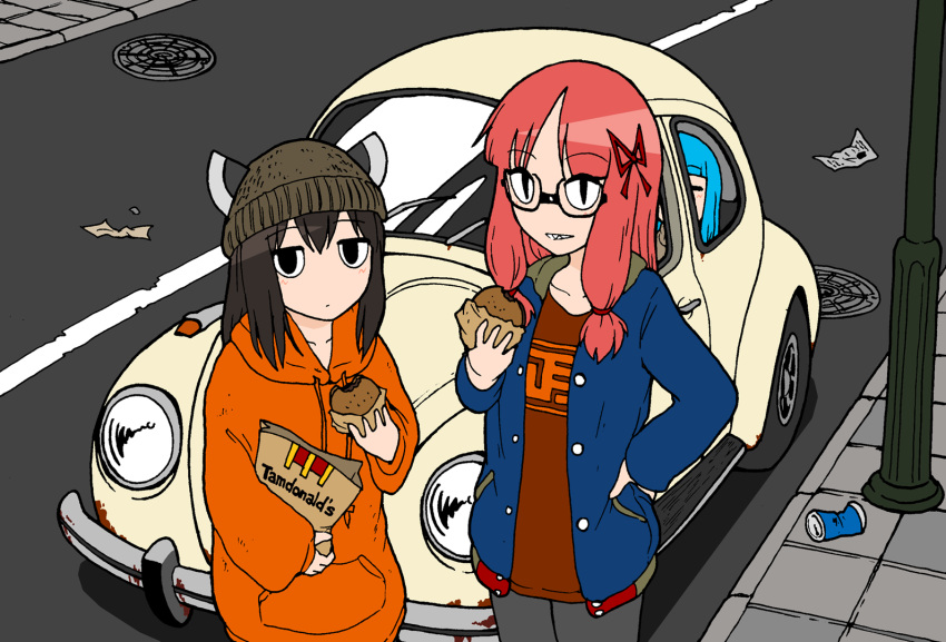 3girls =_= alternate_costume alternate_eye_color beanie bespectacled black_eyes blue_hair blue_jacket brand_name_imitation brown_hair brown_headwear burger can car choro-q commentary_request crushed_can day drink_can food food_bite glasses grey_pants grin hand_on_own_hip hat headgear holding holding_food hood hood_down hoodie jacket jitome kotonoha_akane kotonoha_aoi lamppost long_hair long_sleeves looking_at_viewer low-tied_sidelocks motor_vehicle multiple_girls nisaka open_clothes open_jacket orange_hoodie outdoors pants pink_hair red_shirt road sharp_teeth shirt sidelocks smile standing street teeth touhoku_kiritan trash voiceroid