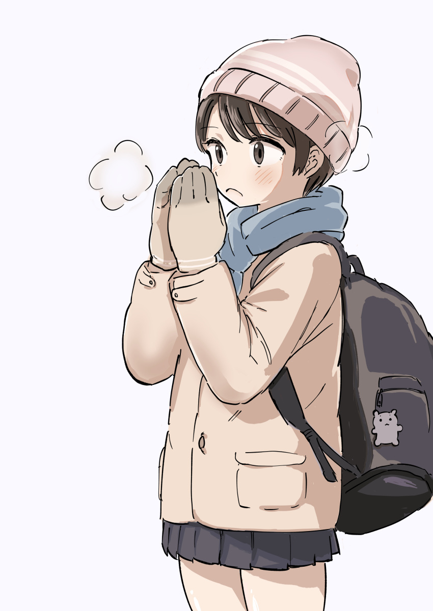 1girl aaa_(unkounkounko712) absurdres backpack bag beanie brown_eyes brown_hair dress hat highres original scarf simple_background solo white_background winter_clothes