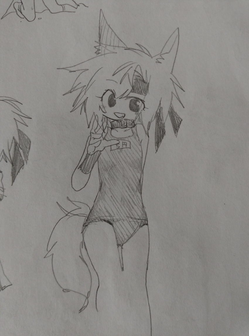 1girl animal_ears collar cowboy_shot dog_ears dog_girl dog_tail genderswap genderswap_(otf) graphite_(medium) hand_up headband highres kemonomimi_mode kurohebi len'en ling_s no_nose open_mouth school_swimsuit short_hair simple_background sketch smile swimsuit tail traditional_media white_background wristband