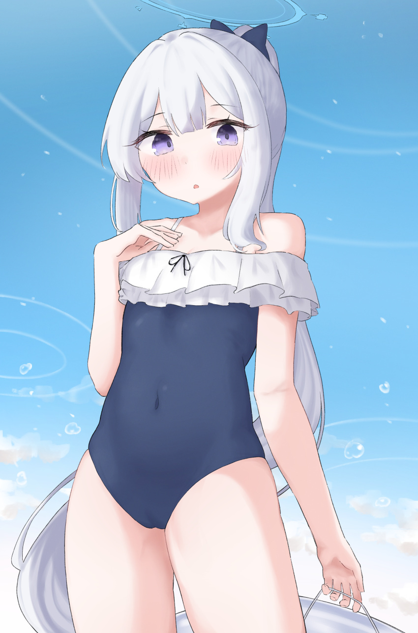 1girl absurdres arcaeder_17 bare_arms bare_legs bare_shoulders black_one-piece_swimsuit blue_archive blue_halo blush cowboy_shot frilled_one-piece_swimsuit frills grey_hair halo highres long_hair miyako_(blue_archive) miyako_(swimsuit)_(blue_archive) off-shoulder_one-piece_swimsuit off_shoulder official_alternate_costume official_alternate_hairstyle one-piece_swimsuit parted_lips ponytail purple_eyes solo swimsuit