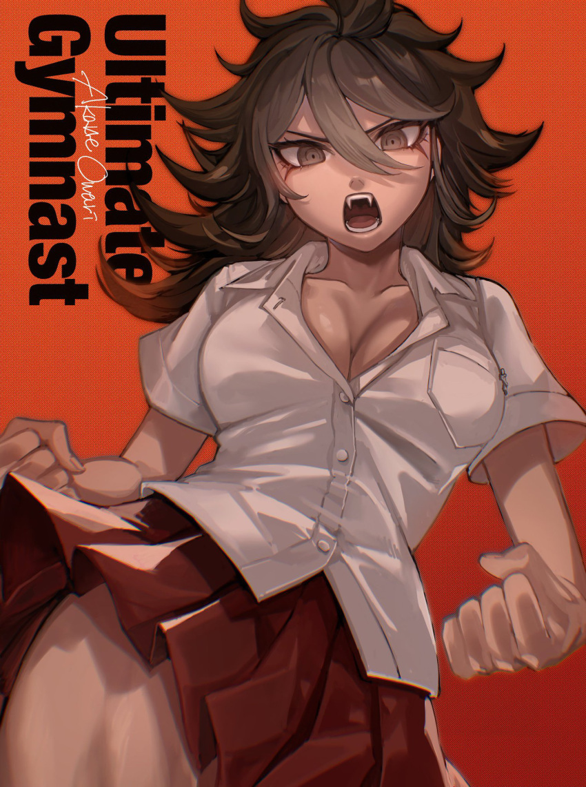 1girl breast_pocket breasts brown_hair clenched_hands cowboy_shot danganronpa_(series) danganronpa_2:_goodbye_despair dark-skinned_female dark_skin dress_shirt fangs from_below grey_shirt highres kado_51 large_breasts long_hair miniskirt owari_akane pleated_skirt pocket red_background red_skirt shirt short_sleeves simple_background skirt solo teeth