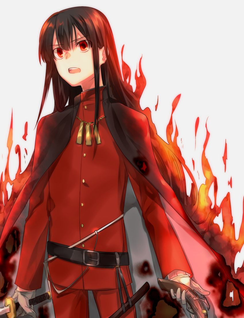 1boy alternate_hairstyle belt black_cape burning burnt_clothes cape fate/grand_order fate_(series) fiery_hair fire gun highres holding holding_gun holding_sword holding_weapon long_sleeves looking_ahead oda_nobukatsu_(fate) open_mouth otoko_no_ko pants red_pants red_shirt shirt simple_background solo standing sword wakayama_kyuuaka weapon white_background