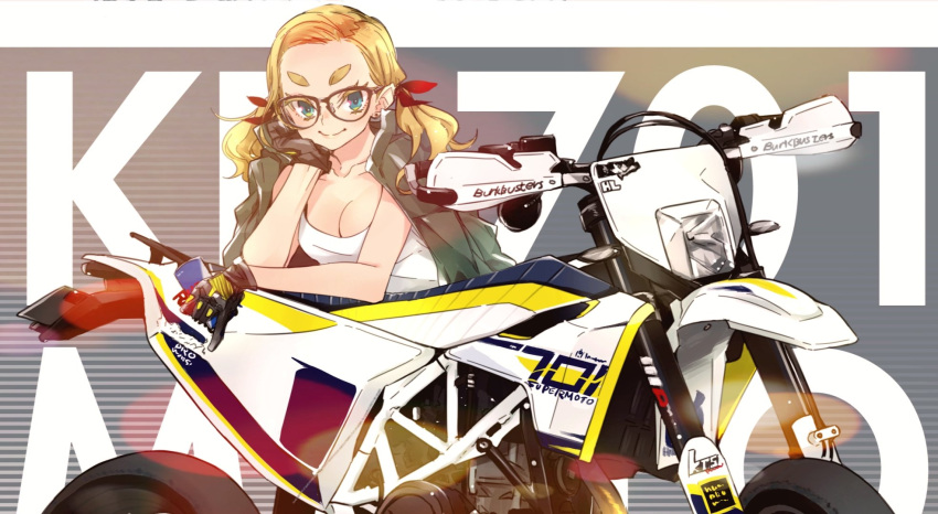 1girl blonde_hair blue_eyes breasts cleavage commentary_request dekomegane earrings glasses head_rest highres jacket jacket_on_shoulders jewelry long_hair looking_at_viewer medium_breasts motor_vehicle motorcycle original sasetsu smile solo stud_earrings thick_eyebrows twintails vehicle_request