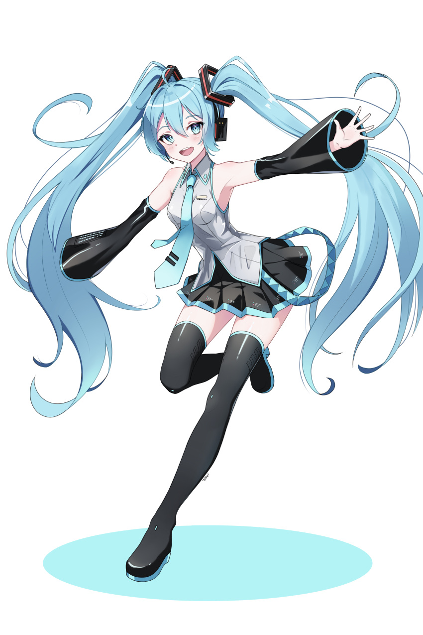 1girl :d absurdres ahoge black_footwear black_skirt black_sleeves blue_eyes blue_hair blue_necktie boots breasts collared_shirt detached_sleeves floating_hair full_body grey_shirt hair_between_eyes hatsune_miku headphones headset highres leg_up long_hair long_sleeves microphone miniskirt necktie outstretched_arms pleated_skirt procrastinator39 shirt simple_background skirt sleeveless sleeveless_shirt small_breasts smile solo standing standing_on_one_leg thigh_boots twintails very_long_hair vocaloid white_background wing_collar zettai_ryouiki