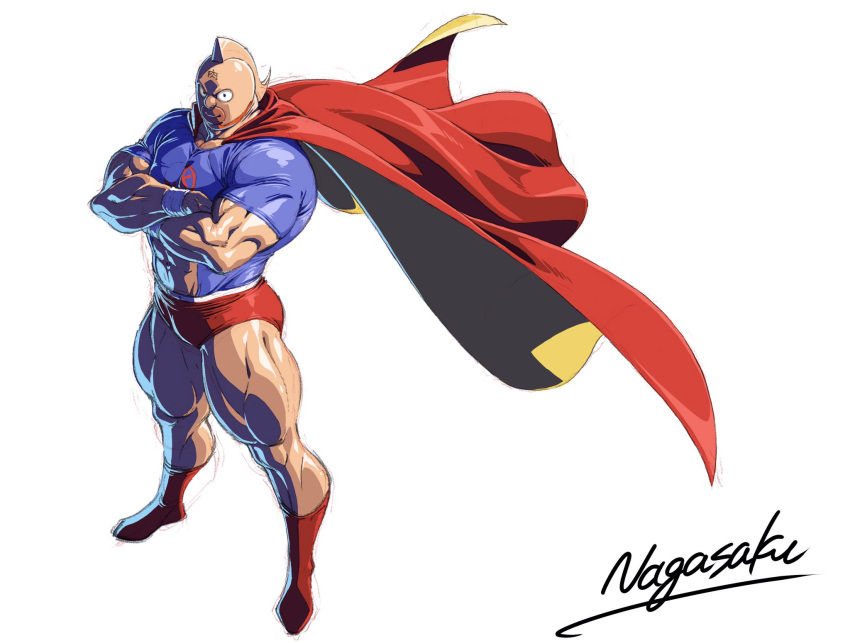 1boy abs abs_cutout bara cape crossed_arms flexing_pecs floating floating_object full_body highres kinnikuman kinnikuman_(character) large_pectorals looking_at_viewer male_focus muscular muscular_male nagasaku_tomokatsu pectorals red_cape smile solo standing strongman_waist thick_thighs thighs