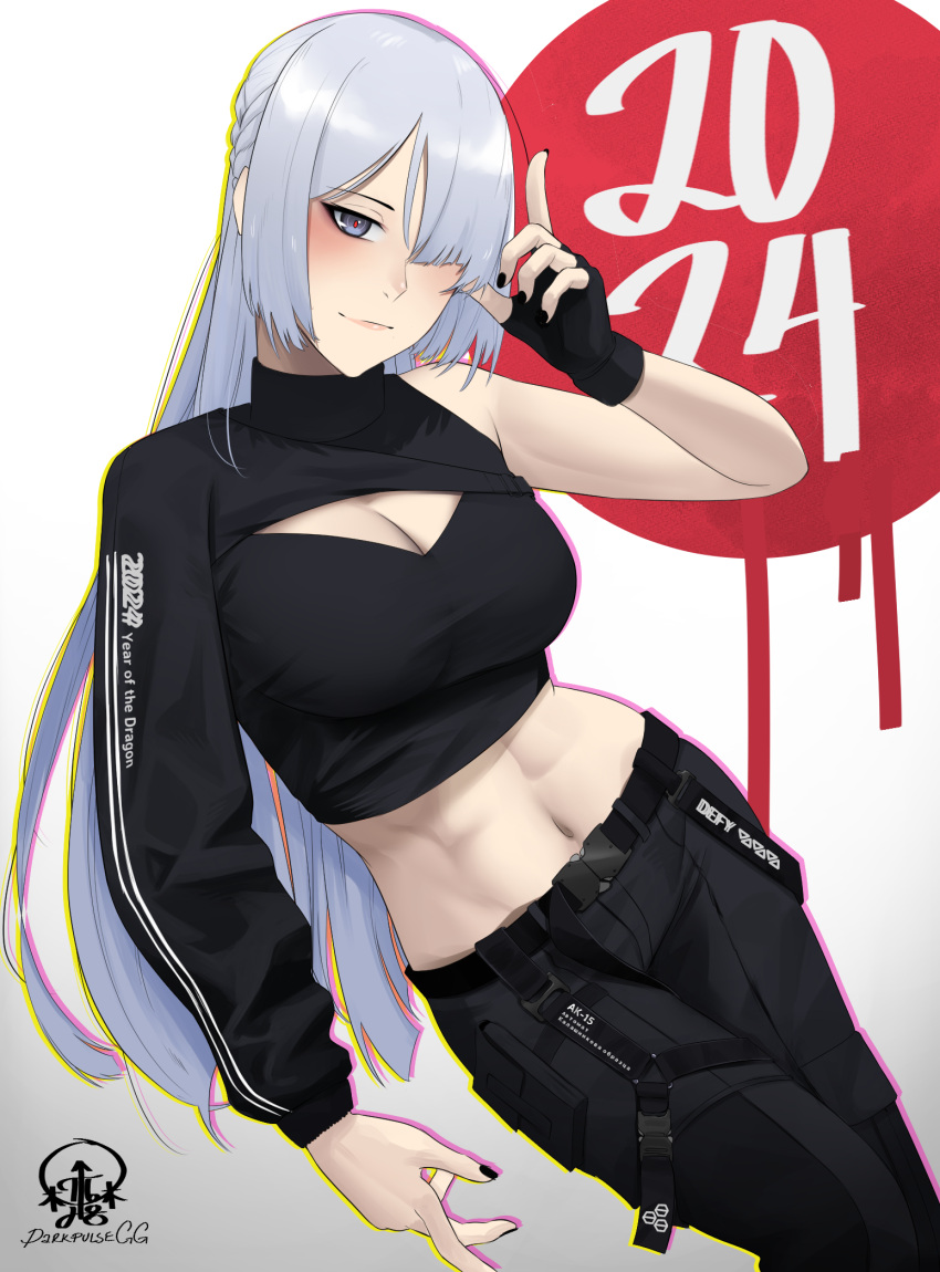 1girl 2024 ak-15_(girls'_frontline) black_gloves black_nails black_pants braid breasts cleavage crop_top darkpulsegg fingerless_gloves girls'_frontline gloves grey_eyes grey_hair highres large_breasts long_hair looking_at_viewer navel new_year pants red_pupils single_fingerless_glove single_glove single_sleeve solo toned