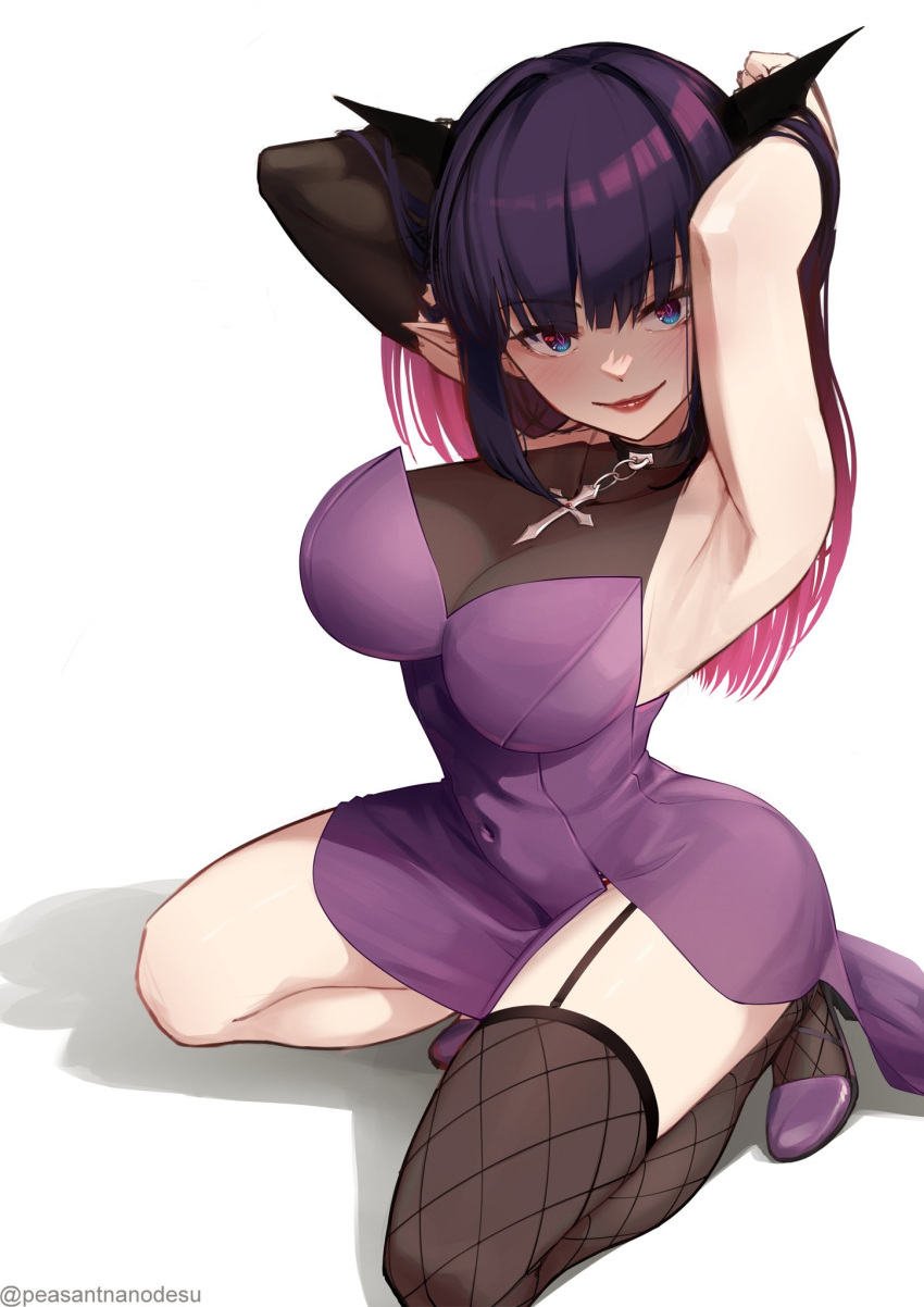 1girl armpits arms_behind_head black_horns blue_eyes blush breasts commentary covered_navel detached_sleeves dress elie_lieze fishnet_thighhighs fishnets gradient_hair halter_dress halterneck high_heels highres horns indie_virtual_youtuber kneeling large_breasts lips long_hair looking_at_viewer multicolored_hair p-san_(sansin) pink_hair pointy_ears purple_dress purple_footwear purple_hair see-through side_slit single_detached_sleeve single_thighhigh smile solo symbol-only_commentary thighhighs virtual_youtuber