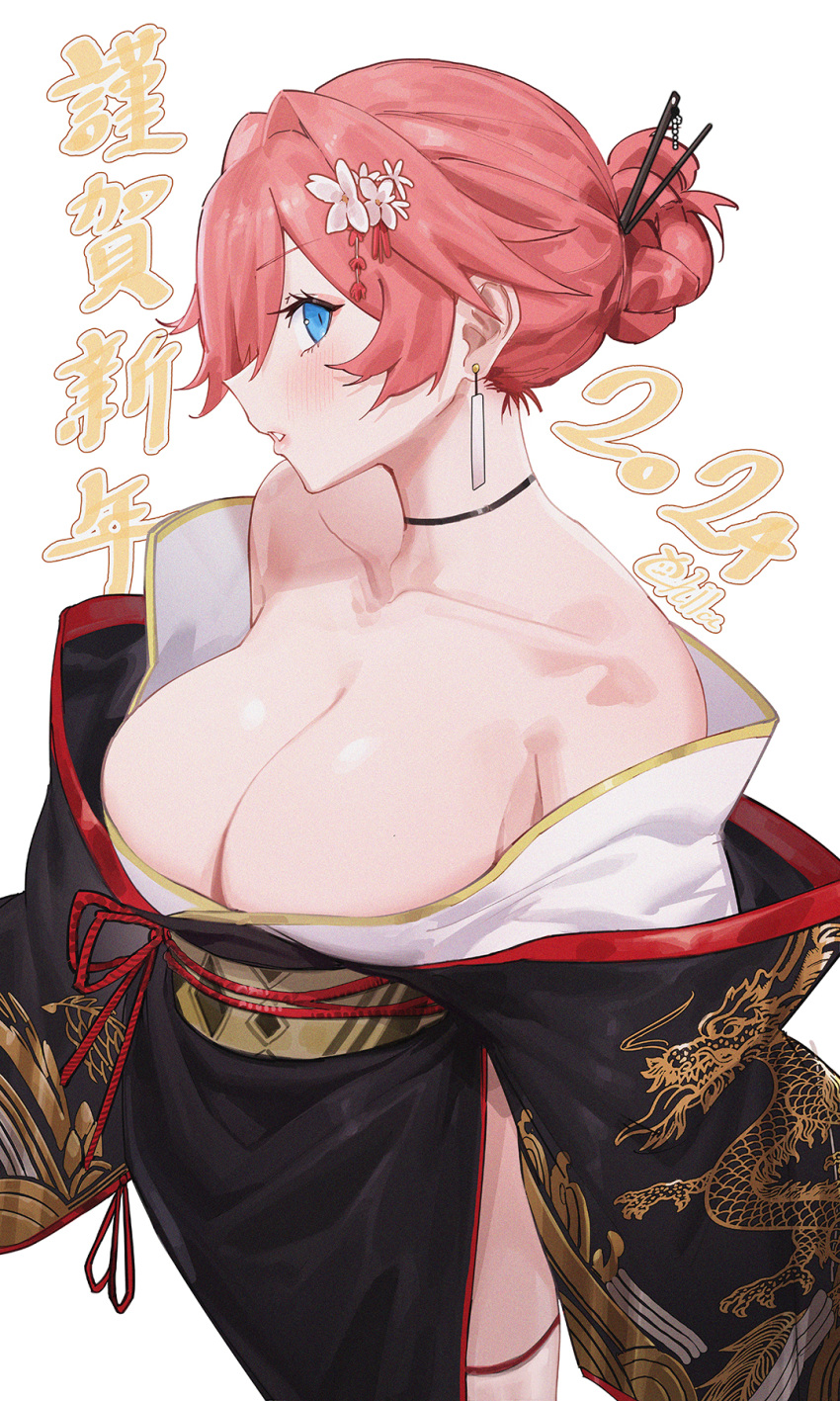 1girl artist_name bare_shoulders black_choker black_kimono blue_eyes blush braid braided_ponytail breasts chilakkk choker cleavage collarbone commentary dragon_print earrings hair_intakes hair_ornament hair_stick highres huge_breasts japanese_clothes jewelry kanzashi kimono lips looking_back original parted_lips pink_hair pink_lips sash solo thighs translation_request white_background yellow_sash