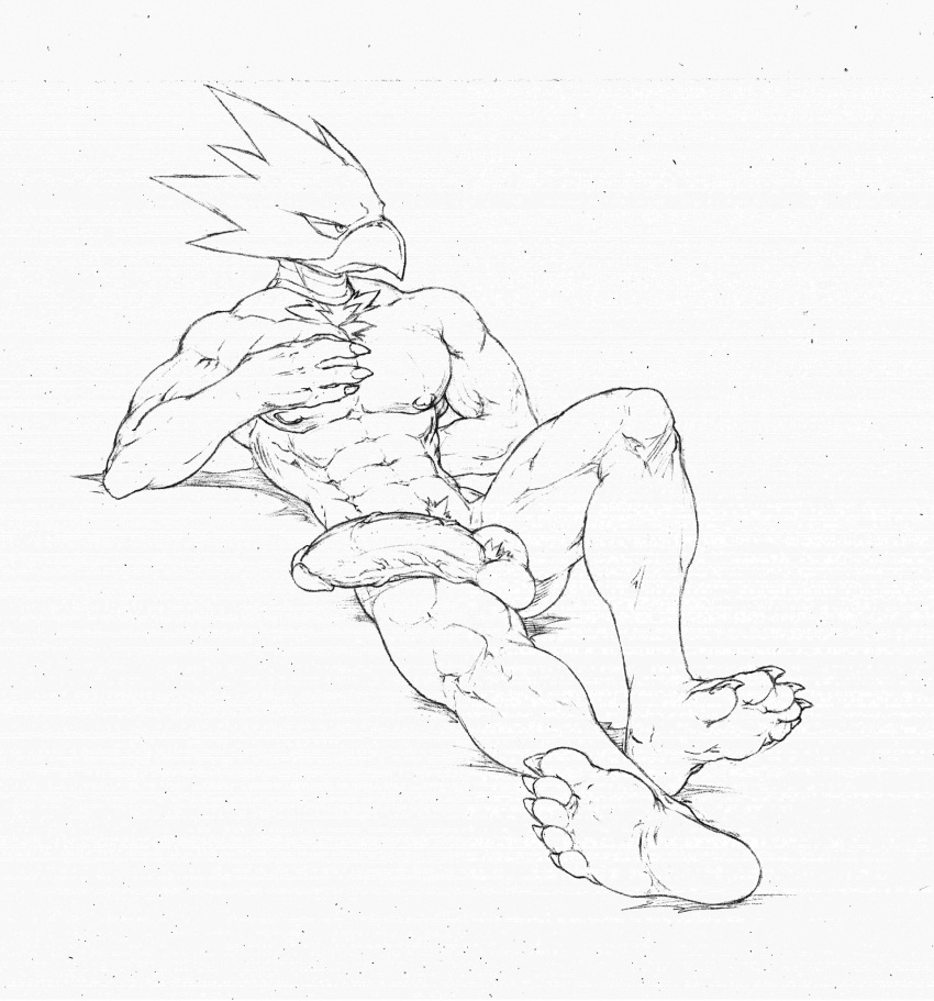 2022 abs anthro avian ball_tuft balls big_penis bird black_and_white corvid corvus_(genus) crow flaccid fumikage_tokoyami genitals hi_res humanoid_genitalia humanoid_penis male monochrome muscular muscular_anthro muscular_male my_hero_academia nipples nude oscine passerine pecs penis pubes reclining solo tuft utx-shapeshifter vein veiny_penis