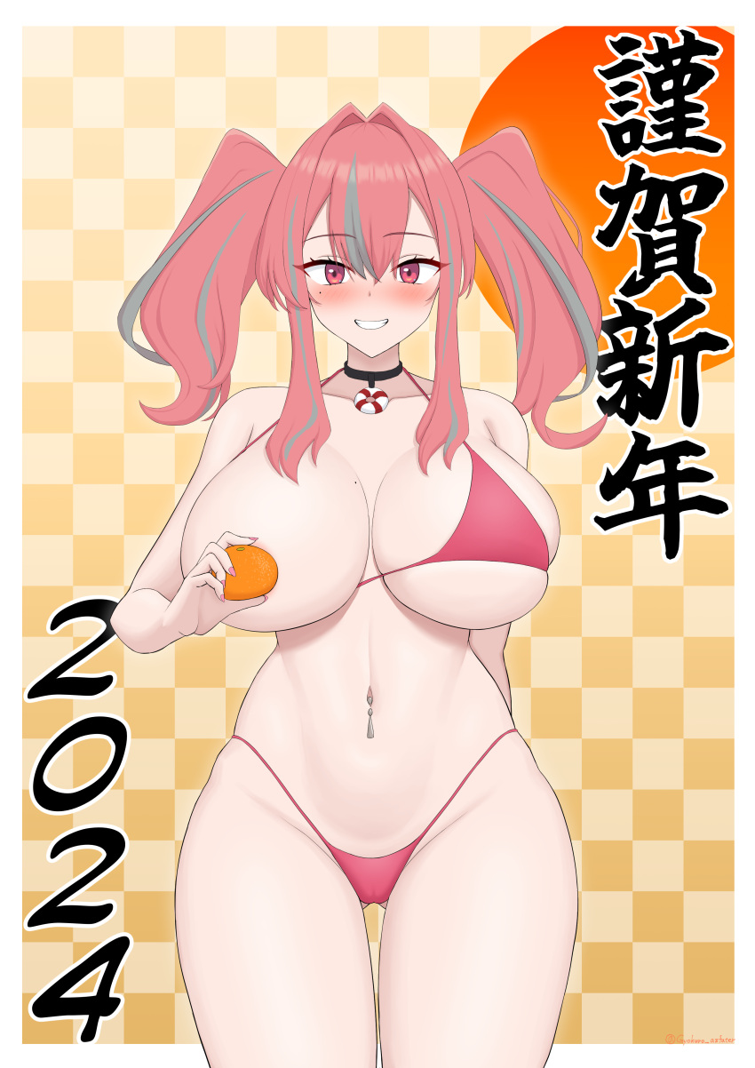 1girl 2024 absurdres areola_slip ass_visible_through_thighs azur_lane bikini black_choker border breasts bremerton_(azur_lane) checkered_background choker commentary_request food fruit gyokuro_(azfater) highres huge_breasts lifebuoy_ornament looking_at_viewer mandarin_orange mole mole_on_breast mole_under_eye multicolored_hair navel navel_piercing one_breast_out piercing red_bikini red_eyes red_hair smile solo stomach streaked_hair swimsuit teeth thighs twintails white_border yellow_background