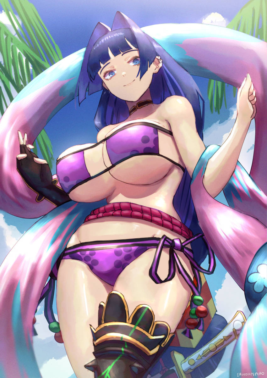 1girl absurdres armlet armor bare_shoulders beach belt bikini blue_eyes blue_hair breasts closed_eyes closed_mouth collar collarbone cosplay covered_nipples cropped_legs elbow_gloves erasorpepero eyepatch_bikini fate/grand_order fate_(series) fingerless_gloves gloves highres hololive hololive_english honjou_raita large_breasts lips long_hair looking_at_viewer low-tied_long_hair minamoto_no_raikou_(fate) minamoto_no_raikou_(fate)_(cosplay) minamoto_no_raikou_(swimsuit_lancer)_(fate) minamoto_no_raikou_(swimsuit_lancer)_(fate)_(cosplay) minamoto_no_raikou_(swimsuit_lancer)_(third_ascension)_(fate) navel ouro_kronii parted_bangs purple_bikini summer swimsuit very_long_hair
