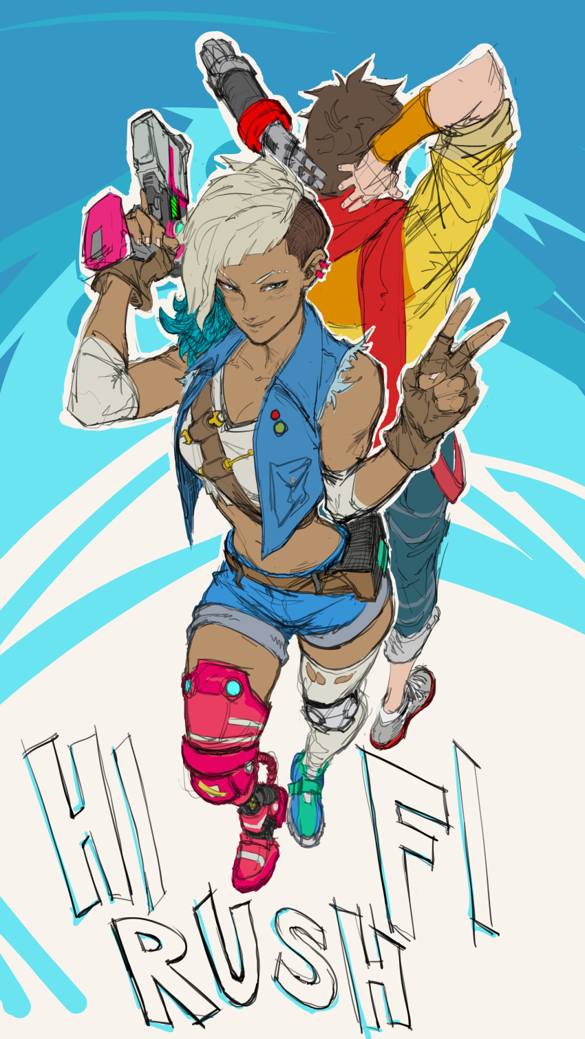 absurdres chai_(hi-fi_rush) dark-skinned_female dark_skin denim denim_jacket gun hi-fi_rush highres holding holding_gun holding_weapon jacket mechanical_arms multicolored_hair peppermint_(hi-fi_rush) prosthesis prosthetic_arm prosthetic_leg sbjorka single_mechanical_arm weapon