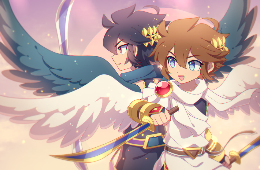 2boys absurdres ahoge angel angel_wings back-to-back black_scarf blue_eyes brown_hair dark_pit dual_wielding enni highres holding holding_sword holding_weapon kid_icarus kid_icarus_uprising laurel_crown male_focus multiple_boys open_mouth pit_(kid_icarus) red_eyes scarf siblings sword twins vambraces weapon wings