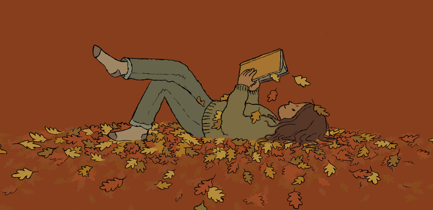 1girl autumn autumn_leaves book brown_background brown_hair commentary english_commentary falling_leaves full_body green_pants green_sweater highres holding holding_book kumerish leaf long_hair lying on_back original pants reading socks solo sweater