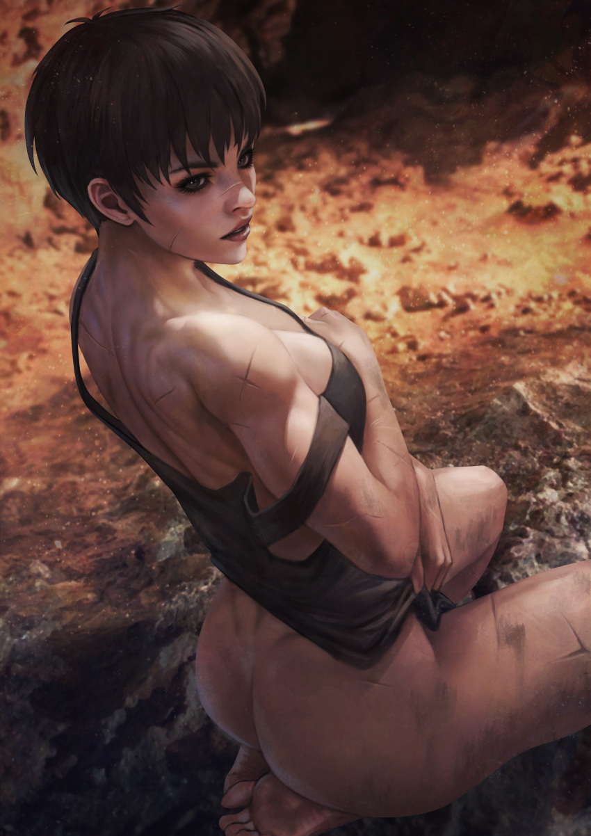 1girl absurdres ass berserk black_hair black_tank_top bottomless breasts casca_(berserk) cave cleavage commentary dark-skinned_female dark_skin english_commentary eyelashes from_behind highres kneeling makeup mascara medium_breasts monori_rogue naked_shirt no_bra realistic scar scar_on_arm scar_on_back scar_on_cheek scar_on_face scar_on_leg scar_on_nose self_hug shirt short_hair soles solo tank_top tomboy too_many_scars turning_head