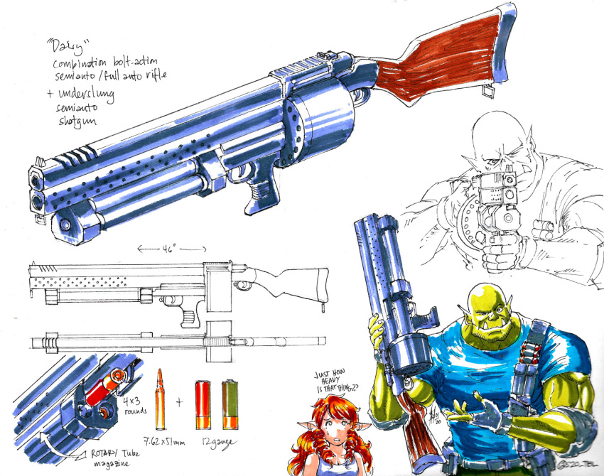 1boy 1girl aiming bald bandolier beard_stubble blue_shirt brown_hair colored_skin double_barrels drum_magazine elbow_pads elf english_text fingerless_gloves gloves green_skin gun highres holding holding_gun holding_weapon long_hair magazine_(weapon) marker_(medium) muscular muscular_male one_eye_closed orc pointy_ears reloading rifle ringlets shirt shotgun solo_focus substance20 t-shirt traditional_media warhammer_40k weapon