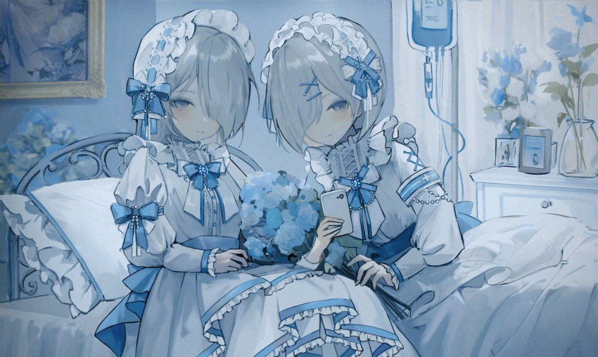 2girls blue_bow blue_eyes blue_flower blue_theme bonnet bouquet bow dress expressionless flower frilled_hairband frills grey_hair hair_ornament hairband hairclip highres intravenous_drip mizuiro_abokado multiple_girls on_bed original painting_(object) ribbon_trim vase white_dress