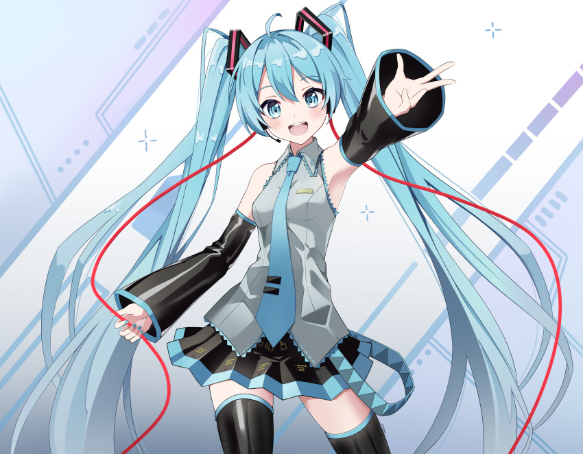1girl :d absurdres ahoge black_skirt black_sleeves black_thighhighs blue_eyes blue_hair blue_necktie blue_trim collared_shirt cowboy_shot detached_sleeves dress_shirt floating_hair grey_shirt hair_between_eyes hair_ornament hatsune_miku headphones headset highres long_hair long_sleeves looking_at_viewer microphone miniskirt necktie open_mouth outstretched_arm pleated_skirt procrastinator39 shirt skirt sleeveless sleeveless_shirt smile solo standing thighhighs twintails very_long_hair vocaloid wing_collar zettai_ryouiki