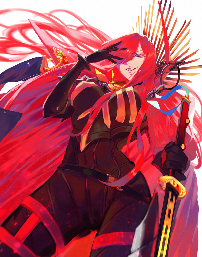 1girl absurdres black_bodysuit bodysuit cape chain collared_cape cowboy_shot dutch_angle evil_grin evil_smile family_crest fate/grand_order fate_(series) grin hair_over_one_eye highres holding holding_sword holding_weapon katana long_hair medallion oda_nobunaga_(fate) oda_nobunaga_(maou_avenger)_(fate) oda_uri popped_collar red_cape red_eyes red_hair simple_background smile solo standing sword tight_top weapon white_background yamamayuga472