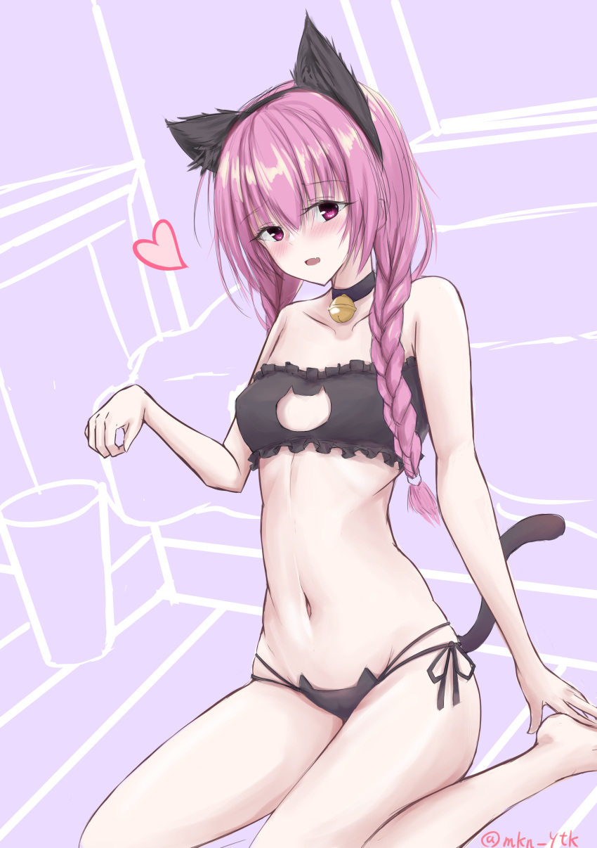 1girl absurdres animal_ear_fluff animal_ears arm_at_side bare_arms bell black_choker black_panties blush braid breasts cat_ears cat_lingerie cat_tail choker collarbone commentary_request fake_animal_ears fake_tail fang hair_between_eyes hand_up heart hetero highres jingle_bell knees_out_of_frame long_hair looking_at_viewer low_twin_braids meme_attire midriff mitsukasa_ayase mkn_yu navel neck_bell official_alternate_hairstyle open_mouth panties paw_pose pink_hair purple_background purple_eyes riddle_joker side-tie_panties simple_background sitting skin_fang small_breasts smile solo stomach tail tsurime twin_braids twitter_username underwear underwear_only wariza
