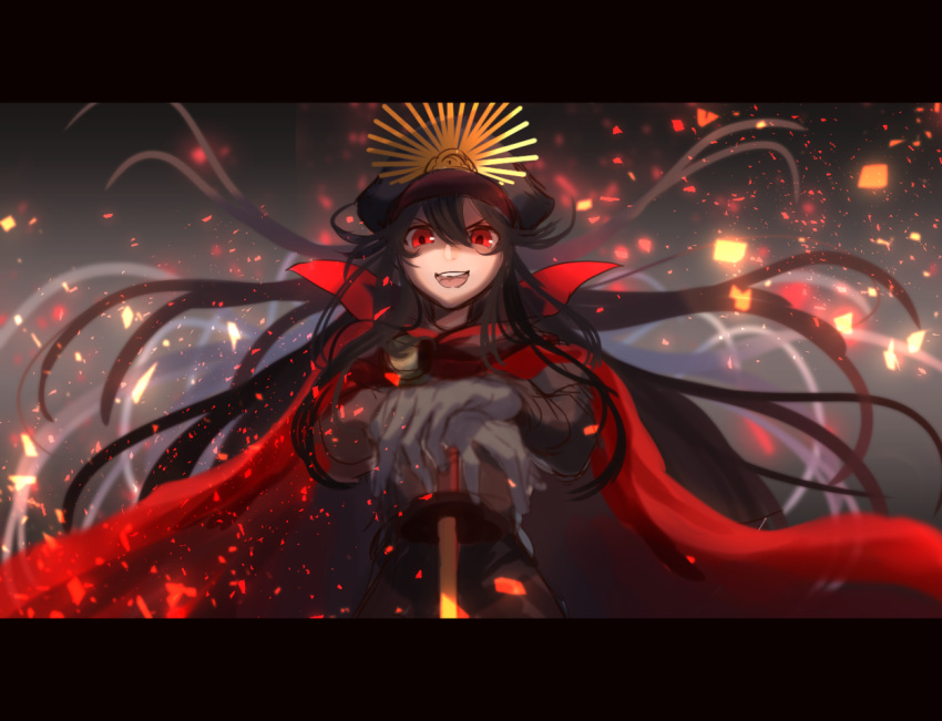 1girl cape cloak family_crest fate/grand_order fate_(series) gloves hat holding holding_sword holding_weapon long_hair long_sleeves looking_at_viewer military_hat oda_nobunaga_(fate) oda_nobunaga_(koha-ace) oda_uri open_mouth planted planted_sword red_cape red_eyes solo sword teeth upper_body upper_teeth_only weapon yat573