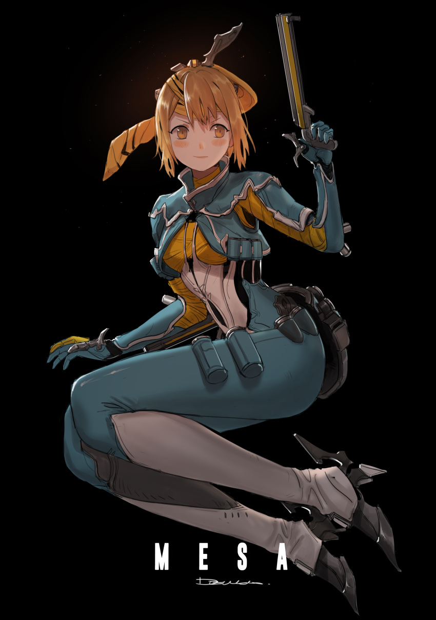 1girl absurdres black_background blonde_hair boots breasts collar devil_lo gun handgun highres holding humanization light_smile mesa_(warframe) power_suit short_hair signature simple_background small_breasts warframe weapon white_footwear