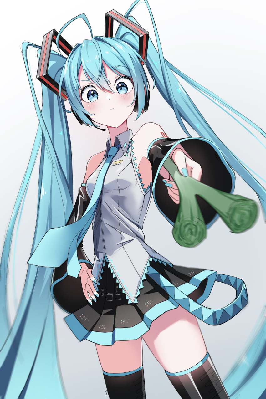 1girl absurdres arm_tattoo black_skirt black_thighhighs blue_eyes blue_hair blue_nails blue_necktie blue_trim blush breasts closed_mouth collared_shirt commentary gradient_background grey_background grey_shirt hair_between_eyes hair_ornament hand_on_own_hip hatsune_miku headphones headset highres holding long_hair looking_down microphone miniskirt nail_polish necktie pleated_skirt procrastinator39 shirt skirt sleeveless sleeveless_shirt small_breasts solo spring_onion standing tattoo thighhighs twintails very_long_hair vocaloid wing_collar zettai_ryouiki