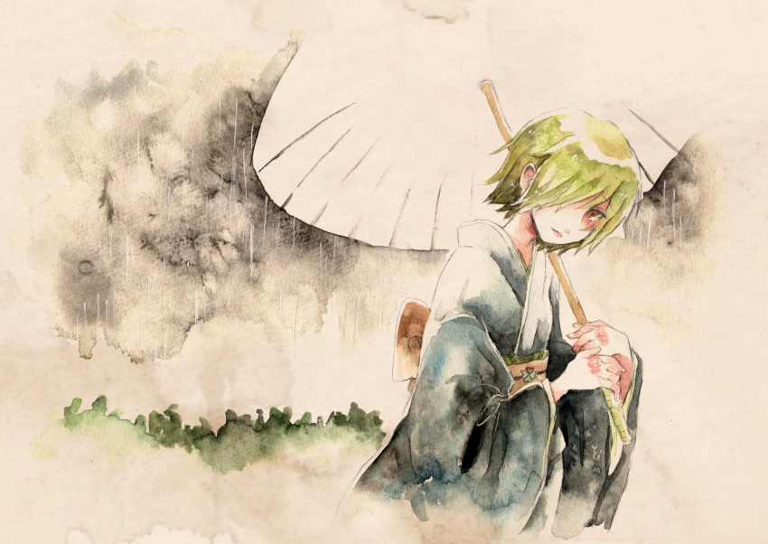 bow clover four-leaf_clover frown green_hair hair_over_one_eye highres holding holding_umbrella japanese_clothes kurage_nanami lala_(watashi_no_koko) official_art outdoors painting_(medium) rain red_bow red_eyes sad short_hair sky traditional_media umbrella vignetting watashi_no_koko watercolor_(medium) white_umbrella