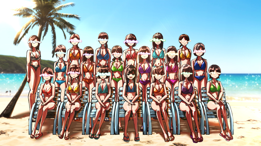 6+girls alternate_costume beach bikini black_eyes blue_bikini blue_sky breasts brown_hair censored chair chirijiri_(synthesizer_v) cleavage commentary_request day empty_eyes flip-flops group_picture hair_over_shoulder hands_on_own_hips highres identity_censor jaggy_lines large_breasts lens_flare long_hair looking_at_viewer lounge_chair low_twintails medium_breasts multiple_girls no_socks ocean on_chair open_mouth outdoors palm_tree parody sandals sannso5482 scribble_censor short_hair sitting sky smile solo_focus standing style_parody swimsuit synthesizer_v textless_version tree twintails