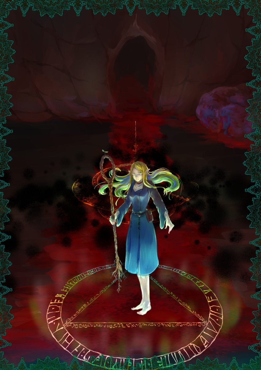 1girl absurdres barefoot belt_pouch blonde_hair blood_on_ground border choker dead_animal dragon dungeon_meshi elf floating_hair glowing highres holding holding_staff hooded_dress long_hair long_sleeves looking_at_viewer magic magical_girl marcille pointy_ears pouch solo sprout staff wide_shot zukka