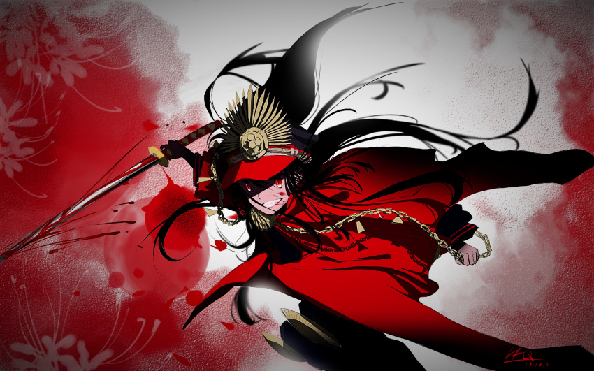 1girl blood blood_on_face blood_on_weapon cape chain family_crest fate/grand_order fate_(series) grin hat highres holding holding_sword holding_weapon katana long_sleeves medallion military_hat oda_nobunaga_(fate) oda_nobunaga_(koha-ace) oda_uri red_cape red_eyes sibdc5 smile solo sword weapon