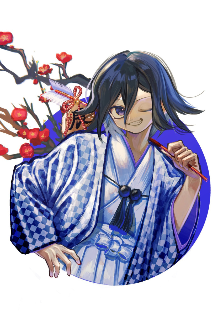 1boy ;d arrow_(projectile) branch checkered_clothes clothing_request cropped_torso danganronpa_(series) danganronpa_v3:_killing_harmony flower foca_(sello20582612) grin hair_between_eyes highres holding holding_arrow japanese_clothes kimono long_sleeves looking_at_viewer male_focus oma_kokichi one_eye_closed red_flower smile solo teeth white_background wide_sleeves