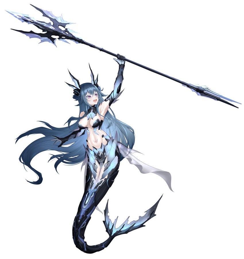 1girl absurdres adhesive_bra ankle_fins aqua_hair arm_fins black_bra bra braid fins french_braid hair_between_eyes head_fins highres holding holding_polearm holding_trident holding_weapon lamia_(punishing:_gray_raven) mechanical_arms mechanical_tail mermaid monster_girl navel open_clothes polearm punishing:_gray_raven purple_eyes shell_hair_ornament sidelocks simple_background solo tail underwear weapon white_background ye_ming_e_qia_ao_nuo