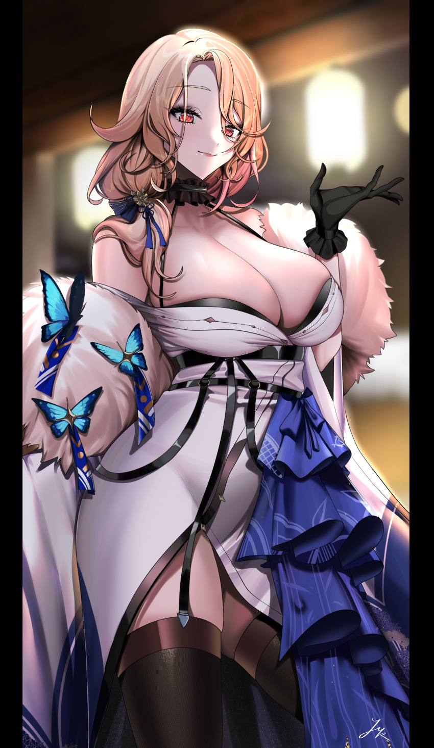 1girl absurdres bare_shoulders black_gloves black_kimono black_thighhighs blonde_hair blue_ribbon blurry breasts cleavage closed_mouth coat collarbone cowboy_shot depth_of_field fur-trimmed_coat fur-trimmed_kimono fur_trim gloves goddess_of_victory:_nikke hair_ribbon highres huge_breasts japanese_clothes kimono long_hair ludmilla_(nikke) ludmilla_(winter_owner)_(nikke) official_alternate_costume parted_bangs red_eyes ribbon smile solo thighhighs two-tone_kimono white_kimono ymr_yamero