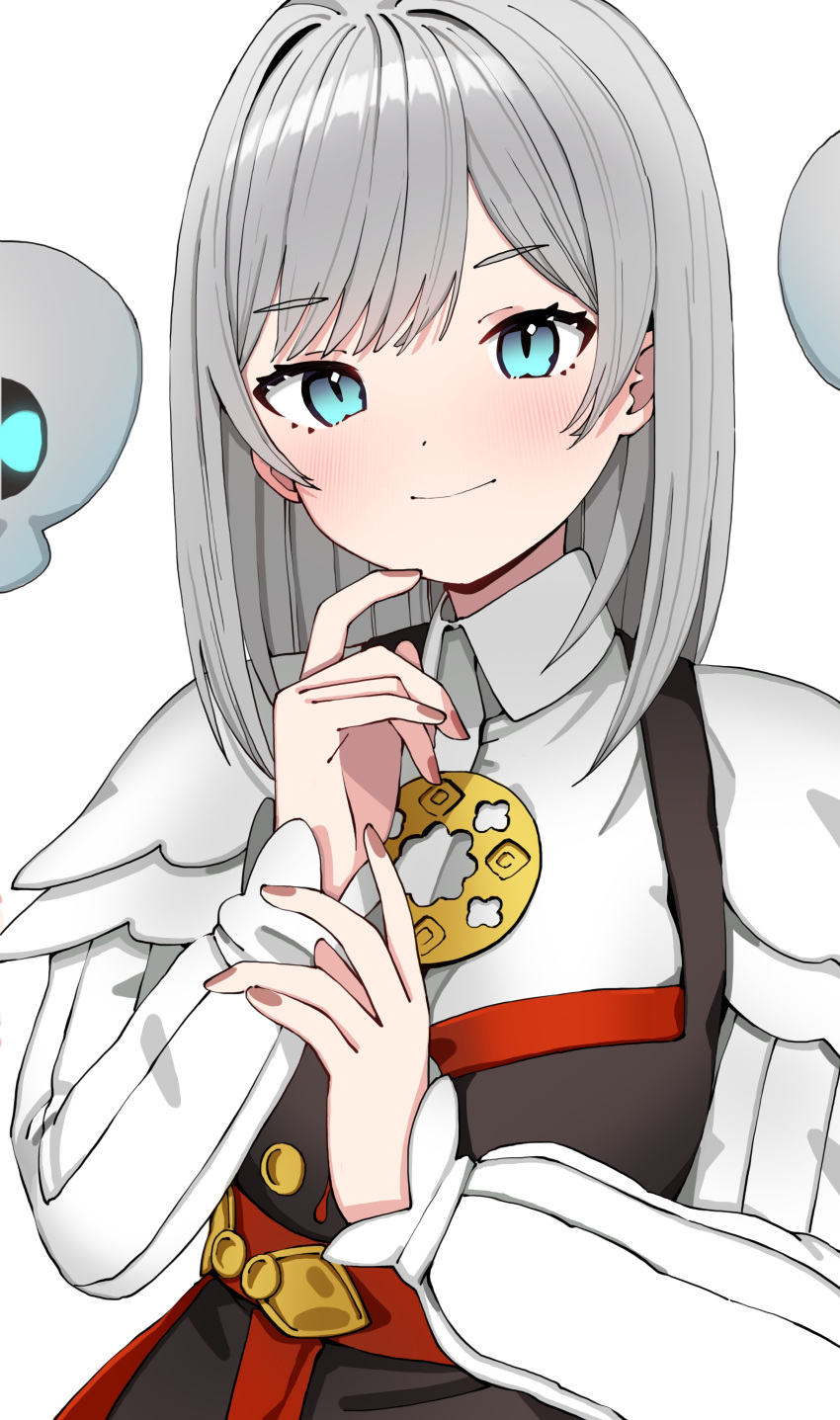 1girl absurdres akershus_fortress_(oshiro_project) black_dress blue_eyes blush bob_cut closed_mouth collared_shirt dot_nose dress floating_skull grey_hair hand_to_own_mouth hand_up highres long_sleeves looking_at_viewer morumoru_x oshiro_project:re red_nails shirt short_hair simple_background skull sleeveless sleeveless_dress smile solo upper_body white_background white_shirt