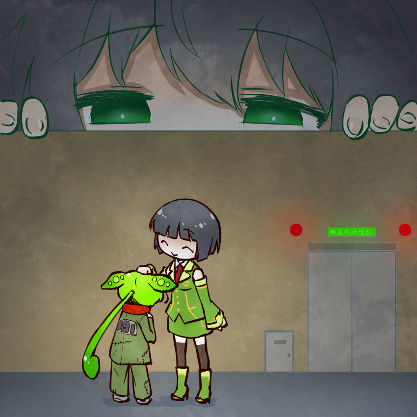 2girls ^_^ black_hair black_thighhighs bob_cut boots closed_eyes closed_mouth commentary_request detached_sleeves facing_away false_smile green_eyes green_footwear green_hair green_jacket green_skirt green_sleeves headpat height_difference high_heel_boots high_heels highres jacket kuron_(uhhr2odhrppc5nw) kyoumachi_seika long_hair long_sleeves looking_at_another low_ponytail multiple_girls multiple_views neck_warmer necktie patchwork_clothes peeking_out red_necktie short_hair skirt sleeveless sleeveless_jacket sliding_doors smile standing suit_jacket thighhighs very_long_hair voiceroid voicevox zundamon