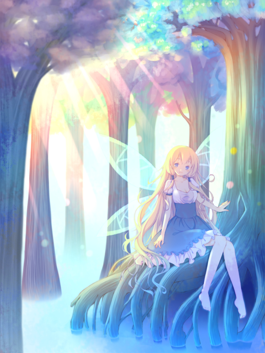 1girl bangs barefoot blonde_hair blue_eyes blue_hair blue_skirt blush breasts cleavage closed_mouth commentary_request day eyebrows_visible_through_hair fairy fairy_wings forest frilled_skirt frills gradient_hair highres long_hair looking_at_viewer medium_breasts multicolored_hair nature original outdoors puffy_short_sleeves puffy_sleeves sakurato_ototo_shizuku shirt short_sleeves sitting skirt smile solo suspender_skirt suspenders transparent_wings tree very_long_hair water white_shirt wings