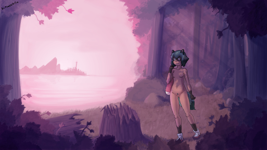 anthro blue_hair blue_pubes blue_tail brand_new_animal breasts canid canine clothing dipstick_tail female footwear footwear_only genitals gloves_(marking) grass hair hi_res leg_markings mammal markings michiru_kagemori mostly_nude multicolored_tail nipples outside plant powerofsin public_nudity pussy raccoon_dog shoes shoes_only short_hair sneakers sneakers_only socks_(marking) solo studio_trigger tree tree_stump water
