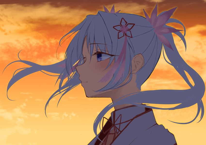 1girl blue_eyes blush close-up closed_mouth commentary_request eyelashes eyes_visible_through_hair floating_hair flower from_side hair_between_eyes hair_flower hair_ornament highres japanese_clothes light_smile long_hair looking_afar miko mkn_yu nose orange_sky outdoors pink_flower profile senren_banka sky solo sunset tomotake_yoshino twintails white_hair