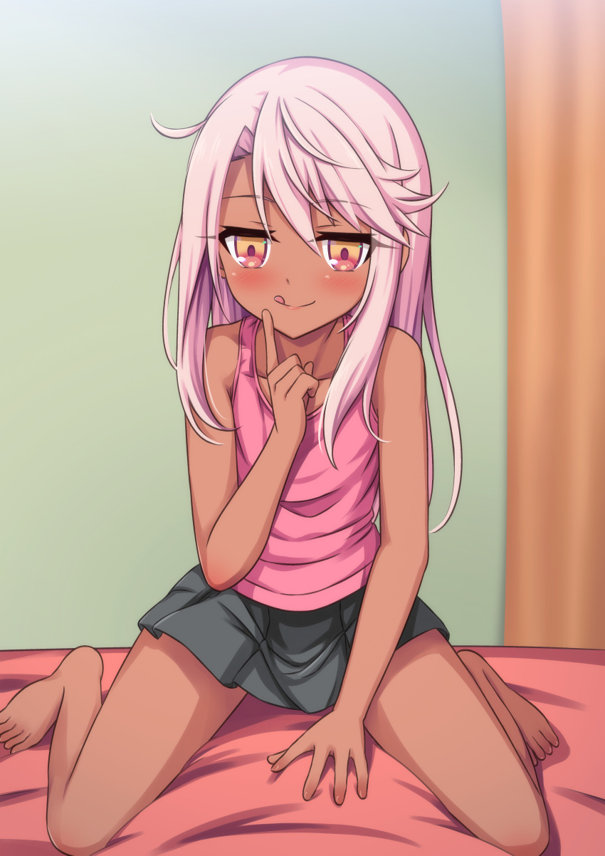 1girl absurdres bare_arms bare_shoulders barefoot bed bed_sheet between_legs black_shorts blush chloe_von_einzbern commentary_request curtains dark-skinned_female dark_skin fate/kaleid_liner_prisma_illya fate_(series) full_body hair_between_eyes hand_between_legs hand_on_own_face highres indoors kneeling long_hair morokoshi_(tekku) on_bed pink_hair pink_shirt second-party_source shirt short_shorts shorts sidelocks sitting solo straight_hair tank_top thighs tongue tongue_out wariza yellow_eyes