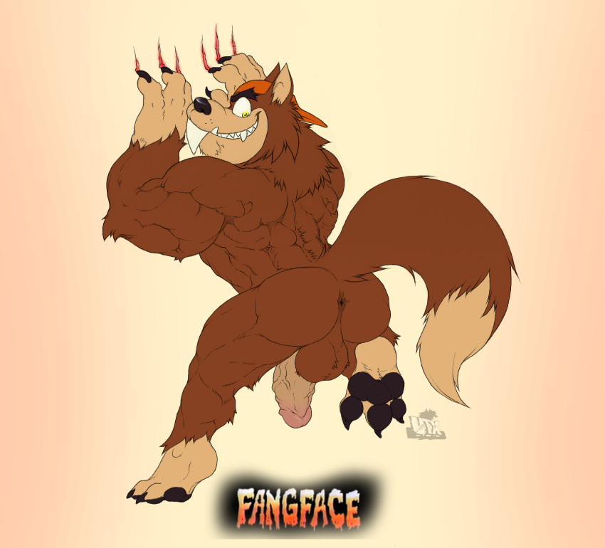 2015 3_toes 4_fingers anthro anus back_muscles backsack backwards_baseball_cap backwards_hat balls baseball_cap biceps big_balls big_butt big_muscles big_penis black_nose black_pawpads brown_body brown_fur butt canid canine clawing clawing_wall clothing digital_media_(artwork) eyebrows fangface feet fingers fur furry_balls genitals half-erect hat hat_only headgear headgear_only headwear headwear_only hi_res hiked_leg humanoid_genitalia humanoid_penis looking_back male mammal mostly_nude muscular muscular_anthro muscular_male nude pawpads paws penis perineum quads raised_leg sharp_teeth simple_background smile solo tan_body tan_fur teeth toes utx-shapeshifter vein veiny_penis were werecanid werecanine werewolf
