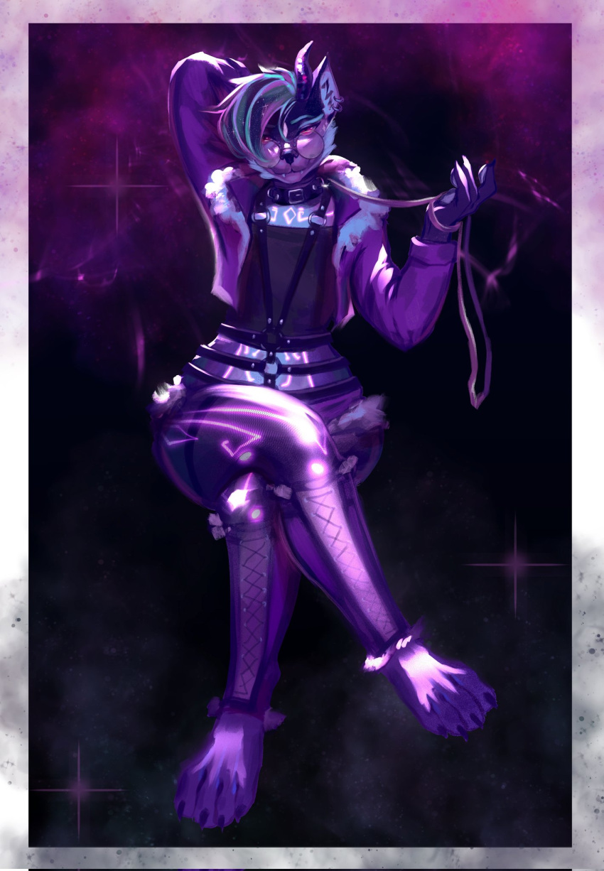 anthro choker clothing cute_eyes eyewear felid feline glasses harness hi_res hyena jewelry leash legwear male male/male mammal necklace niputya paws sitting thespacecat867 thigh_highs