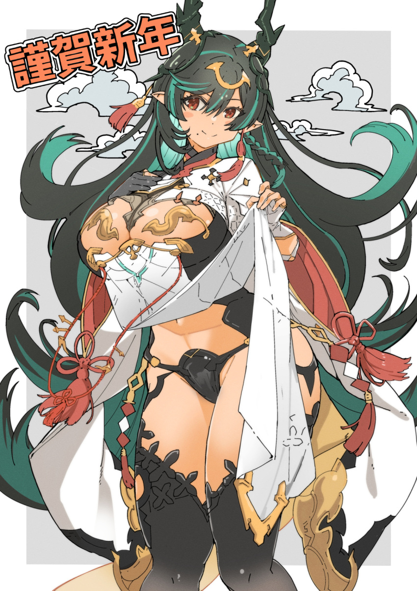 1girl black_hair black_thighhighs blush breast_cutout breasts cleavage cleavage_cutout clothes_lift clothing_cutout cloud colored_inner_hair detached_sleeves dragon_girl dragon_horns draph dress dress_lift fingerless_gloves gloves gradient_hair granblue_fantasy green_eyes green_hair hair_ornament highres horn_ornament horns large_breasts leotard long_hair looking_at_viewer mika_(gbf) mole mole_under_mouth multicolored_eyes multicolored_hair navel navel_cutout payila_(granblue_fantasy) pelvic_curtain pointy_ears red_eyes see-through see-through_dress skirt skirt_lift smile solo stomach_cutout tassel tassel_hair_ornament thighhighs two-tone_eyes two-tone_hair very_long_hair white_gloves