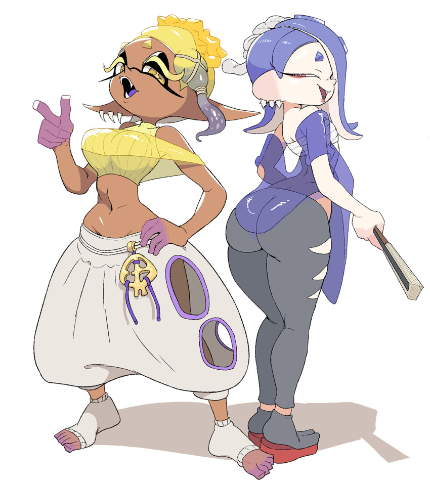 animal_humanoid butt cephalopod cephalopod_humanoid clothed clothing duo female front_view frye_(splatoon) hand_on_hip hi_res humanoid inkling looking_at_viewer marine marine_humanoid midriff mollusk mollusk_humanoid nintendo octarian octoling open_mouth open_smile pseudo_hair pupils rear_view shiver_(splatoon) simple_background smile splatoon tentacle_hair tentacles unusual_pupils white_background yuta_agc