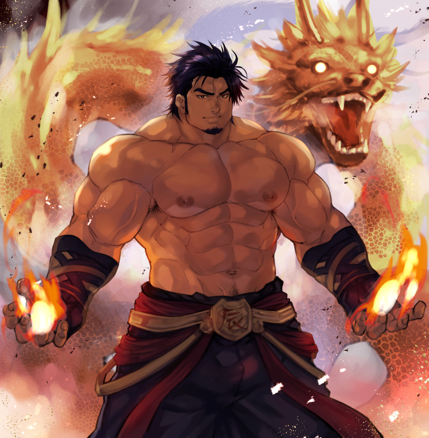 1boy abs absurdres armpit_hair ashes bara belt biceps black_eyes blue_hair bulge chinese_zodiac dragon feet_out_of_frame fingerless_gloves fire gloves highres large_pectorals looking_at_viewer male_focus manly mature_male muscular muscular_male navel navel_hair nipples original outdoors pectorals pyrokinesis short_hair sky smirk solo stomach strongman_waist terujirou_(masateruteru) thick_arms thick_eyebrows topless_male veins year_of_the_dragon
