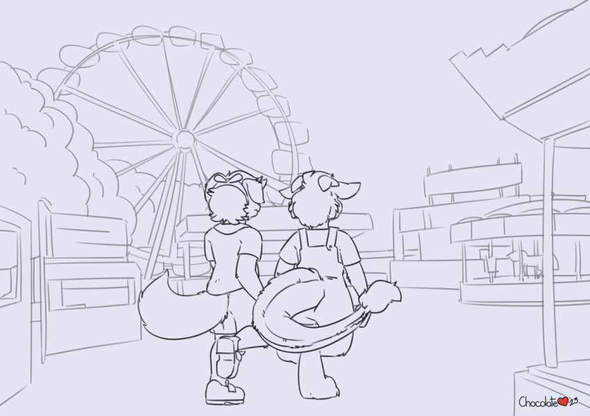 accessory amusement_park anthro bow_ribbon canid canine canis chocolatekitsune clothing comic date diaper domestic_dog dragon duo female hair_accessory hair_bow hair_ribbon line_art male male/female mammal overalls rear_view ribbons signature walking_together