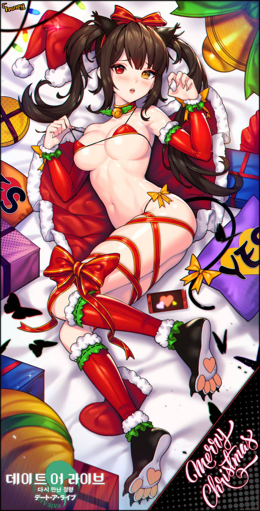1girl :o absurdres animal_ears bed_sheet bell bikini black_hair bow breasts cape cape_removed cat_ears cat_girl cat_tail choker choney cleavage date_a_live detached_sleeves fur_trim gold_trim hair_bow hands_up hat heterochromia highres jingle_bell kneehighs leg_ribbon long_hair long_sleeves looking_at_viewer lying medium_breasts navel on_back open_mouth orange_eyes paw_shoes red_bikini red_bow red_choker red_eyes red_headwear red_legwear red_ribbon revision ribbon santa_bikini santa_hat shoes side-tie_bikini sidelocks skindentation solo stomach string_bikini swimsuit tail tail_bow tail_ornament thighs tokisaki_kurumi twintails