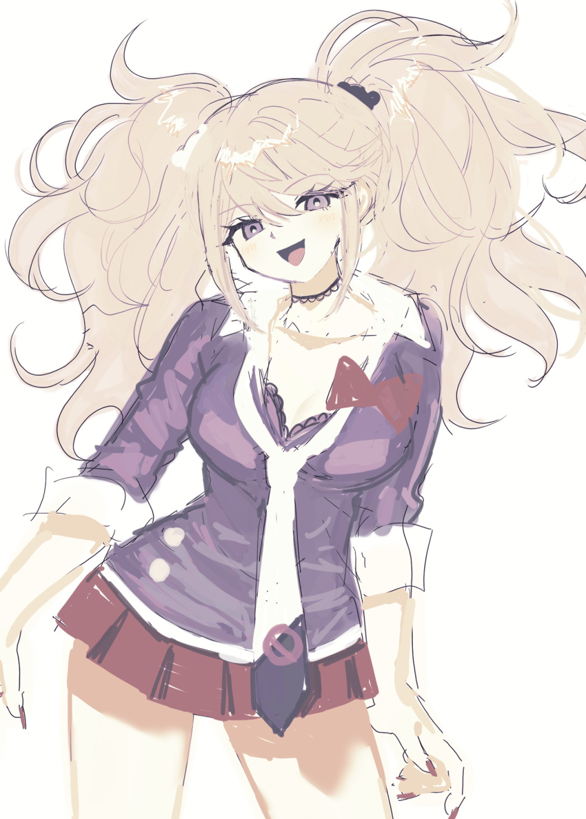 1girl :d bear_hair_ornament black_choker black_shirt blonde_hair bow breasts choker cleavage collarbone cowboy_shot danganronpa:_trigger_happy_havoc danganronpa_(series) enoshima_junko hair_ornament highres large_breasts long_hair looking_at_viewer mochi_(yuriraru) nail_polish necktie open_mouth red_bow red_nails shirt simple_background skirt smile solo twintails white_background