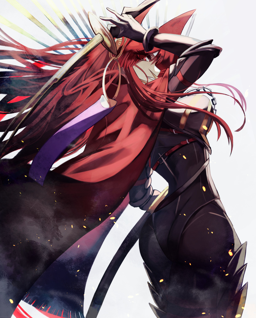 1girl absurdres ass back black_bodysuit bodysuit cape chain collared_cape cowboy_shot fate/grand_order fate_(series) from_behind grin hair_over_one_eye highres holding holding_sword holding_weapon katana long_hair looking_at_viewer looking_back m0_chi oda_nobunaga_(fate) oda_nobunaga_(maou_avenger)_(fate) popped_collar red_cape red_eyes red_hair simple_background smile solo sword tight_top weapon white_background